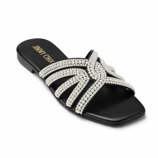 Pearl Embellished Black Flat Slippers
